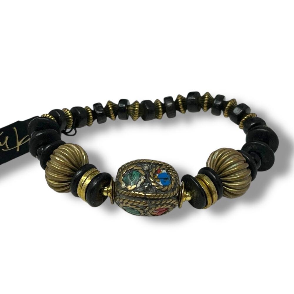 Thalía Sodi Beaded Stretch Bracelet Boho Gold & Black Multicolor Center Bead NWT